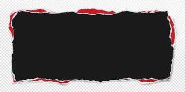 Yırtık kenarları ve yumuşak gölgesi olan siyah, kırmızı kağıt parçaları metin veya reklam için saydam arka plandadır. Vektör illüstrasyonu.