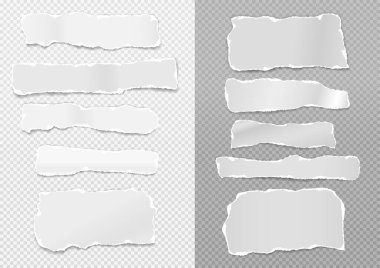 Yırtık beyaz notlar, kağıt şeritler ve beyaz ve gri arka planlara sıkışmış parçalar. Vektör illüstrasyonu.