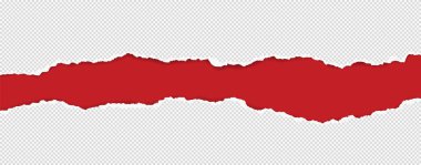 Yırtık kenarları ve yumuşak gölgesi olan kare kağıt parçaları yazı veya reklam için kırmızı arkaplanda. Vektör illüstrasyonu.