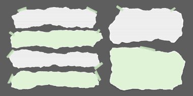 Yırtık beyaz ve yeşil kağıt parçaları yazı, not ya da ilan için koyu gri arkaplanda. Vektör illüstrasyonu