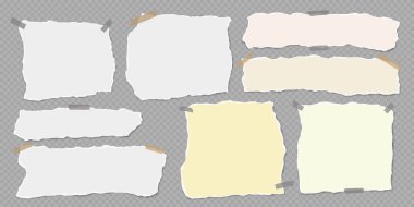 Yırtık, renkli, not kâğıdı parçaları yazı, not ya da ilan için gri arkaplanda. Vektör illüstrasyonu.