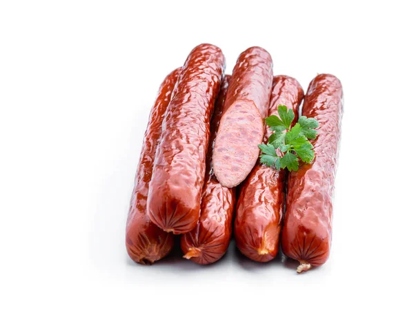 Smoked Pork Thin Sausages Isolated White — Stock Photo, Image