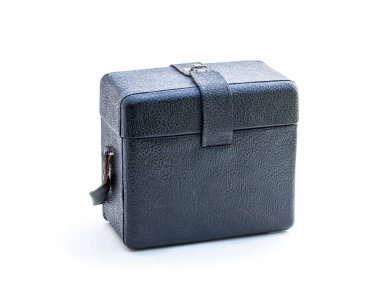 Old home  movie camera storage box isolated on white background 