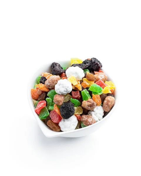 Cukrem Potažené Ořechy Kandované Ovoce Bílém Talíři Izolované Bílém Pozadí — Stock fotografie