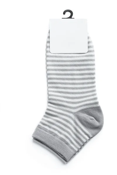 Νέο Ζευγάρι Γκρι Ριγέ Κάλτσες Λευκή Ετικέτα Που Απομονώνονται Λευκό Εικόνα Αρχείου
