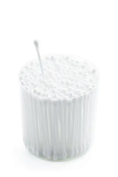 Cotton Buds Transparent Plastic Box Isolated White Background — Stock Photo, Image