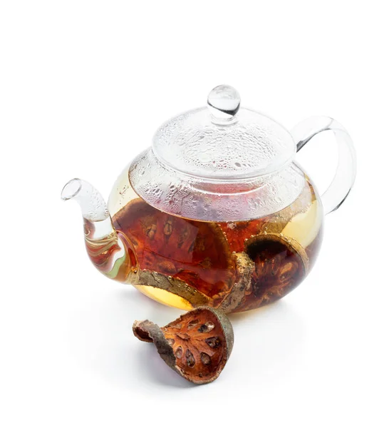 Bael Meyvesi Çayı Cam Çaydanlıkta Beyazda Izole Edilmiş Stok Resim