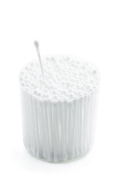 Бавовняні Бруньки Прозорій Пластиковій Коробці Ізольовані Білому Тлі Стокова Картинка