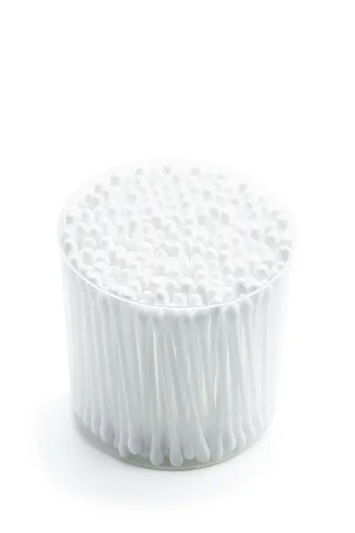 Βαμβακερά Μπουμπούκια Διάφανο Πλαστικό Κουτί Μονωμένα Λευκό Φόντο Φωτογραφία Αρχείου