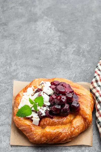 Homemade Cherry Puff Pastry Bun Gray Background Royalty Free Stock Images