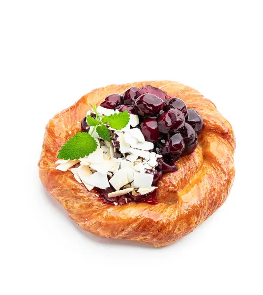 Homemade Cherry Puff Pastry Bun Isolated White Stock Picture