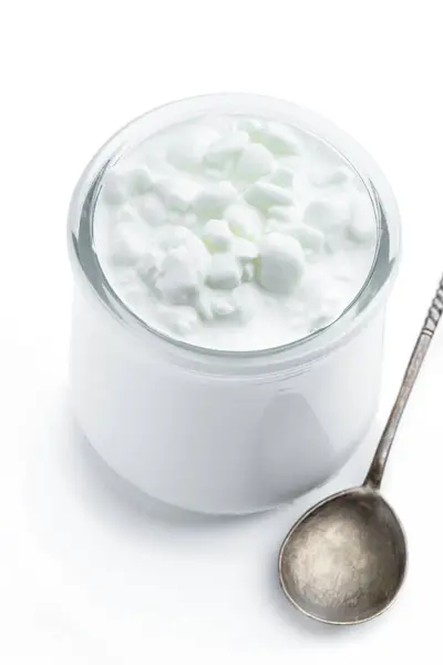 Granular Cottage Cheese Cream Glass Jar Isolated White Stock Image