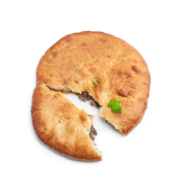 Kubdari Dengan Daging Sapi Georgian Datar Pie Terisolasi Atas Putih Stok Gambar