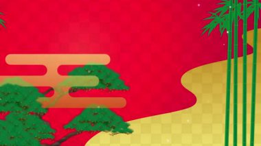 Japon tarzı arka plan. Çam, bambu, erik, sis ve kırmızı arkaplan resimleri.