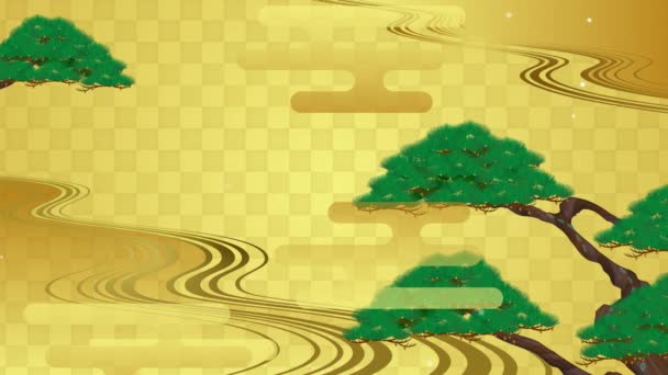 Japonský Styl Pozadí Ilustrační Video Borovice Oparu Zlatého Pozadí — Stock video