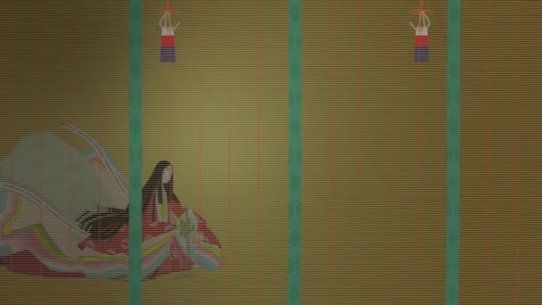 日本经典 民族服装 一个12层的和服 在百叶窗后面用柏树扇子遮住你的脸 — 图库视频影像