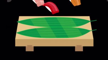 Japon nigiri-sushi suşi çiçeğinin açtığı küçük bir ahşap standın önünde duruyor.