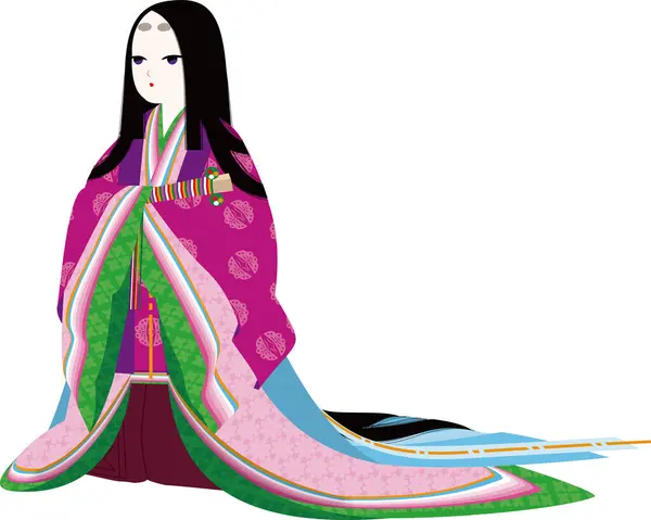 Han Har Ett Träfan Kvinna Japansk Kimono Junihitoe — Stock vektor