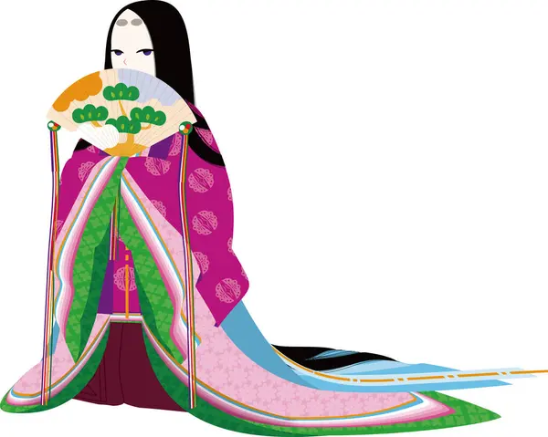 Han Har Ett Träfan Kvinna Japansk Kimono Junihitoe — Stock vektor