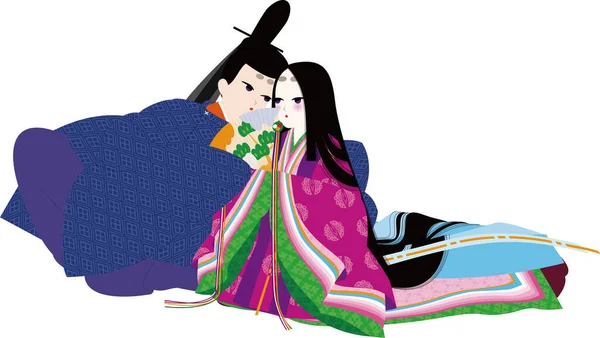 Casal Namorar Imagem Ilustração Uma Mulher Kimono Japonês Junihitoe Homem —  Vetores de Stock