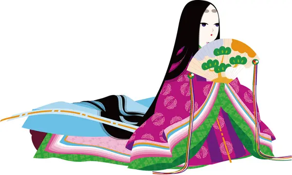 Onun Ahşap Bir Vantilatörü Var Japon Kimonosu Giyen Bir Kadın — Stok Vektör