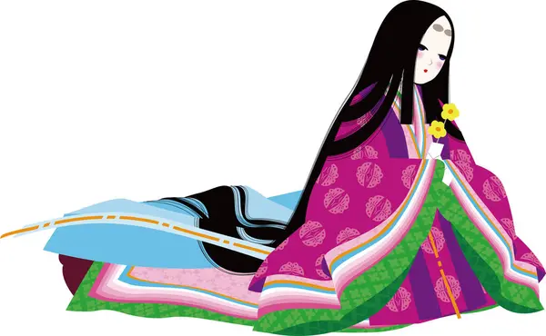 Elinde Çiçekli Bir Aşk Mektubu Tutan Bir Kadın Japon Kimonosu — Stok Vektör