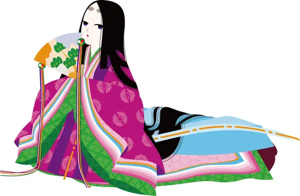 Ele Tem Ventilador Madeira Uma Mulher Usando Quimono Japonês Junihitoe —  Vetores de Stock