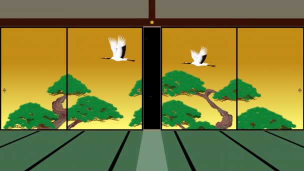 一段录像 用松树和起重机展示了蒲苏玛的开放和关闭 日本人房间 — 图库视频影像