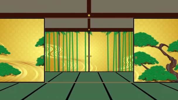 一段录像 用松树 竹子和李子花序地展示了蒲苏梅的开放和关闭 日本人房间 — 图库视频影像