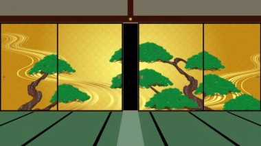 İçinde çam ağacı resmi olan sürgülü bir kapı. Bölme açılıp kapanıyor. Japon tarzı oda.