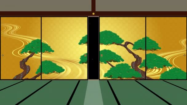 一扇滑动门 上面有松树的图片 分割打开和关闭 日本风格的房间 — 图库视频影像