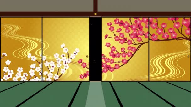 Videon Introducerar Öppning Och Stängning Fusuma Ordning Plommon — Stockvideo