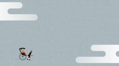 Çiçek açan ortancaların arka planı. Kimonolu bir kadın triportöre biniyor. Resim videosu