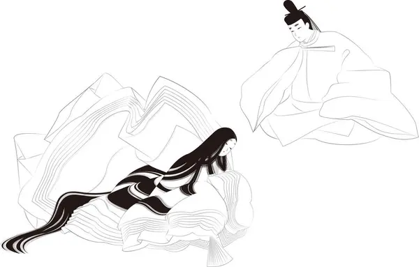 Linje Ritning Illustration Man Och Kvinna Stil Med Heian Dynastin — Stock vektor