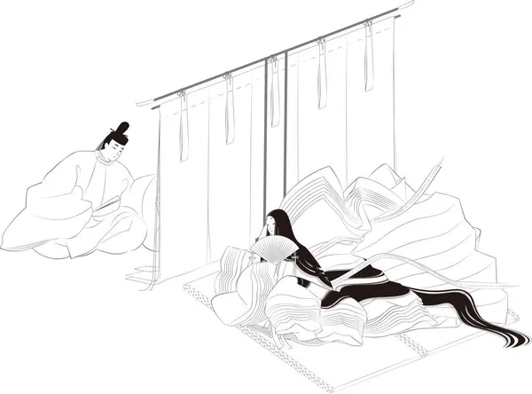 Lijntekening Heian Dynastie Stijl Illustratie Van Een Man Een Vrouw — Stockvector