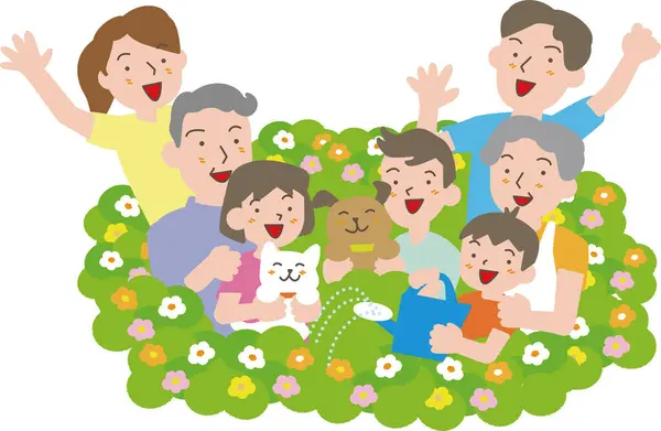 Çiçeklerle Çevrili Gülümseyen Bir Aile Yaşlılar Ebeveynler Çocukların Resmi — Stok Vektör
