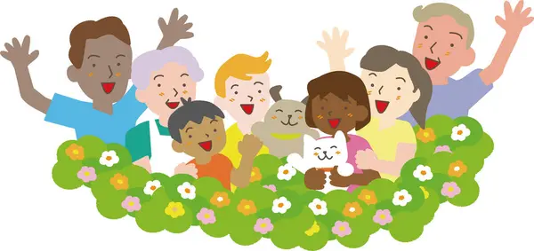 Illustration Smiling Elderly People Parents Children Various Races Surrounded Flowers — Stock Vector