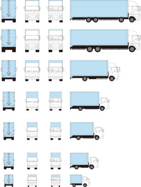 Büyük ve küçük kamyonların önü, arkası ve yan görüntüsü