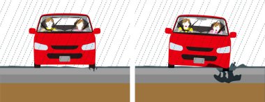 Felaket, sağanak yağmur. Bir yolun çökmesi ve bir yolcu aracının lastiğinin düşmesi.