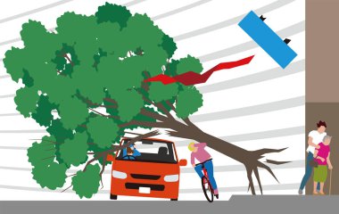 Illustrations of a car trapped under a gust of wind and fallen trees, a bicycle being pushed over, and pedestrians evacuating clipart