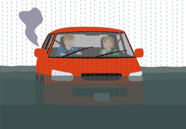 Felaket, bir yolcu vagonu battı ve motor durdu. Yolcu koltuğunda kafası karışmış bir sürücü ve bir kadının vektör çizimi
