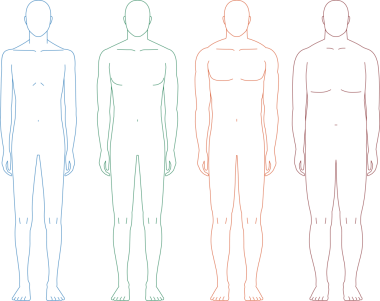 İnce, orta, şişman ve kaslı vücutlu erkeklerin ön taraftan görünüşleri.