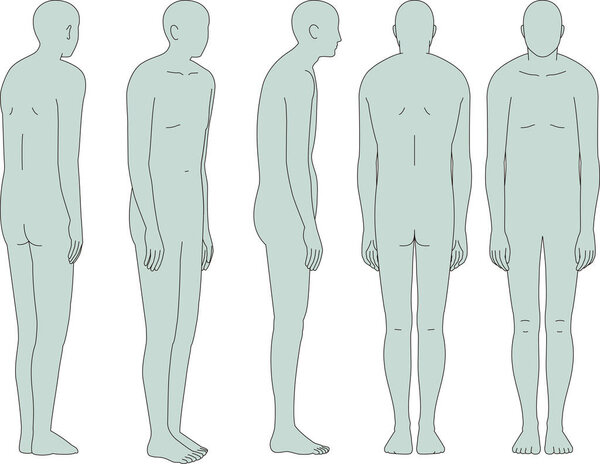 A man with a hunched back. Illustrations of the front, back, oblique, front and back diagonal, and the whole body