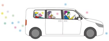 Side profile illustration of a three-generation family in a minivan having fun driving clipart