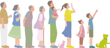Ailenin üç nesli. Gülümseyen bir çift, ebeveynler ve çocuklar, ve bir evcil hayvan.