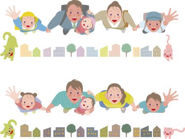 İş ya da okul için giyinmiş bir aile. Aile bayramlarda ya da gecelerde rahat giyinir. Aileler ve çocuklar bakıp gülümsüyor.