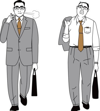 Uzun zaman önce Japonya 'da Showa döneminden bir ofis çalışanının vektör çizimi. İşe gitmenin ve eve gitmenin görüntüsü.