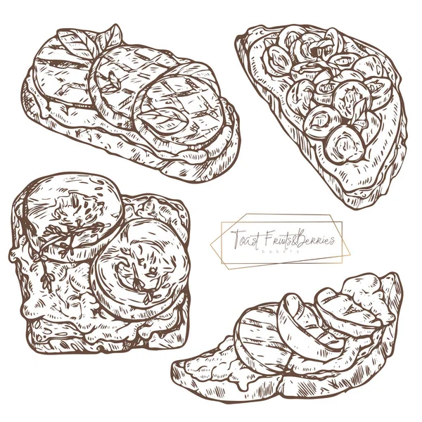 Toasts Pêche Cerises Différentes Garnitures Petit Déjeuner Sain Ensemble Illustrations — Image vectorielle