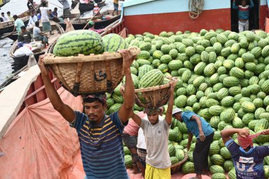 İşçiler 21 Mart 2025 'te Dhaka, Bangladeş' teki Buriganga Nehri 'nin kıyısındaki bir tekneden karpuz indirirler. Ülkenin dört bir yanından yüzlerce meyve tüccarı yaz mevsiminde meyvelerini toptan satmak için başkente geldi.