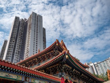 13 Kasım 2023. Wong Tai Sin Tapınağı - Wong Tai Sin bölgesi, Hong Kong. Wong Tai Sin tapınağının önündeki aslan köpeğinin siyah renkli heykeli..